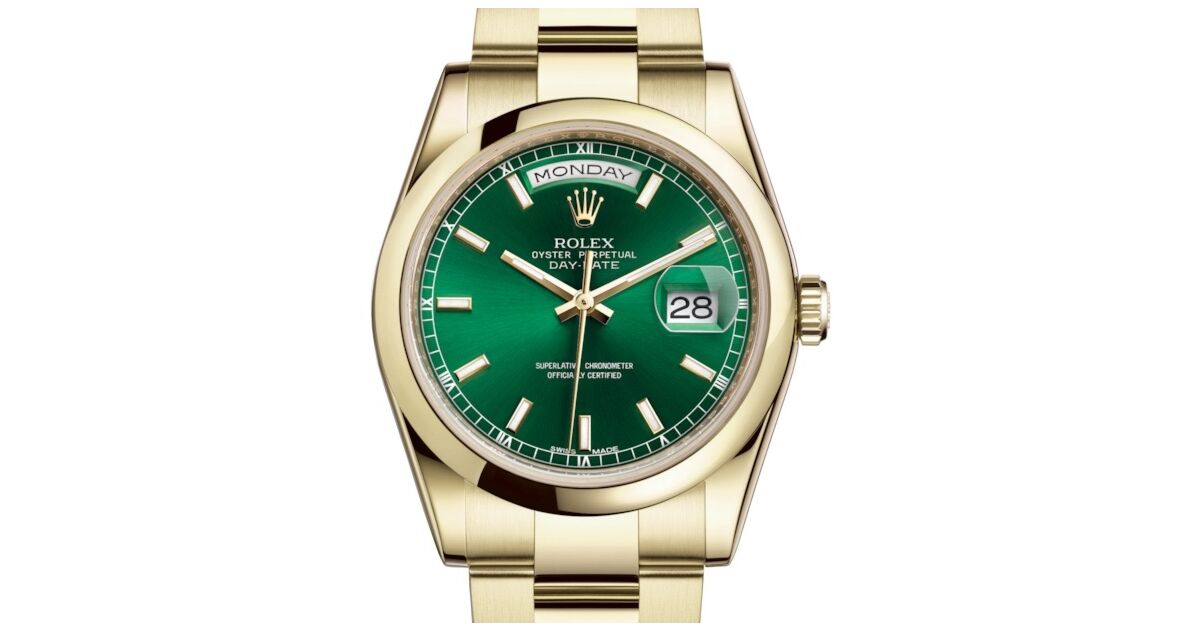 Rolex Day-Date 36 Yellow Gold Green Index Dial & Smooth