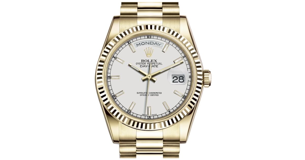 Rolex Day Date 36 Yellow Gold White Index Dial Fluted Bezel President Bracelet 118238