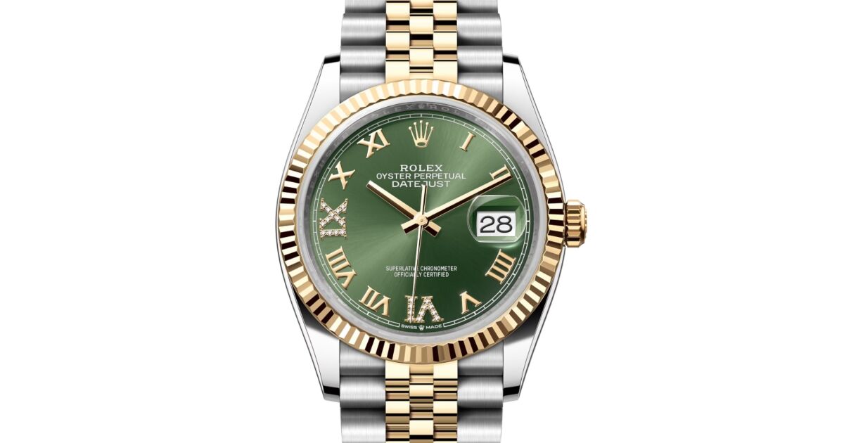 Rolex Datejust 36 Yellow Gold/Steel Olive Green Roman Diamond VIIX Dial &  Fluted Bezel Jubilee Bracelet 126233 - BRAND NEW