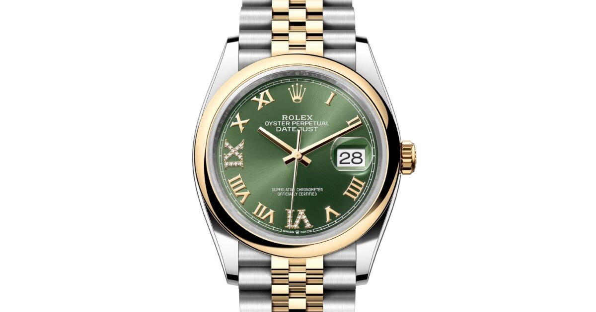 Rolex Datejust 36 Yellow Gold/Steel Olive Green Roman Diamond VIIX Dial &  Smooth Domed Bezel Jubilee Bracelet 126203 - BRAND NEW