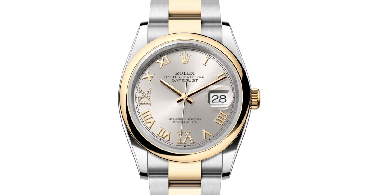 Rolex Datejust 36 Yellow Gold/Steel Silver Roman Diamond VIIX Dial & Smooth  Domed Bezel Oyster Bracelet 126203 - BRAND NEW