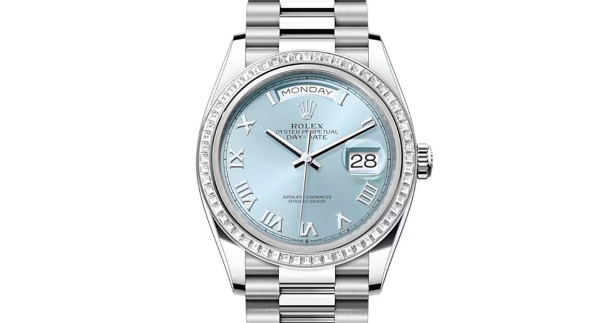 Rolex Day Date 36 President Platinum Ice Blue Roman Dial Diamond Bezel 128396TBR