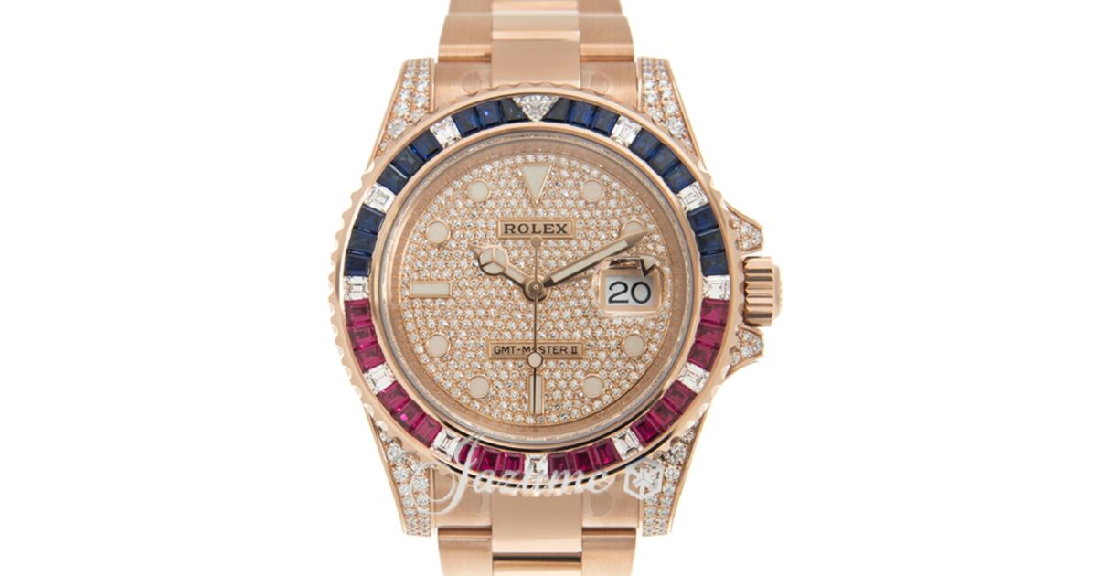 Rolex GMT Master II Rose Gold Diamond Paved Dial Sapphire Ruby Bezel 126755SARU BRAND NEW