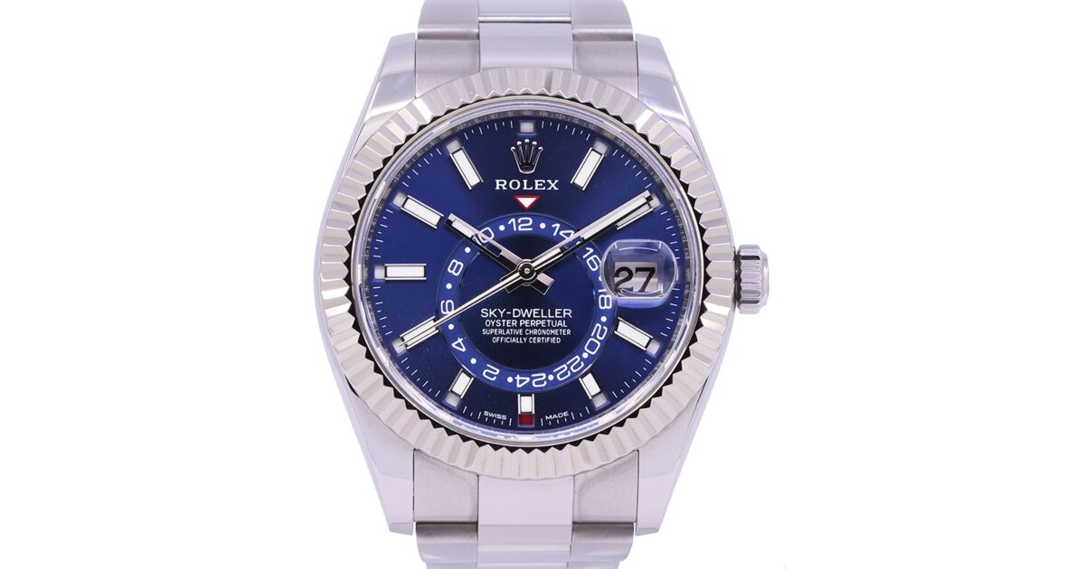 Rolex Sky Dweller Stainless Steel Blue Index Dial Fluted White Gold Bezel Oyster Bracelet 326934 USED