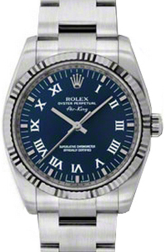 Rolex Air-King 114234-BLURFO Blue Roman Fluted White Gold Bezel Stainless Steel Oyster 