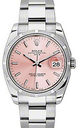 Rolex Oyster Perpetual Date 34 Stainless Steel Pink Arabic / Index Dial & Engine-Turned Bezel Oyster Bracelet 115210