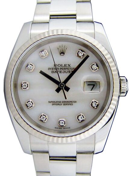 Rolex Datejust 36 116234-MOPDFO White Mother of Pearl Diamond Fluted White Gold Stainless Steel Oyster 