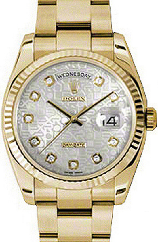 Rolex Day-Date 36 118238-SVJDFO Silver Jubilee Dial Diamond Fluted Yellow Gold Oyster