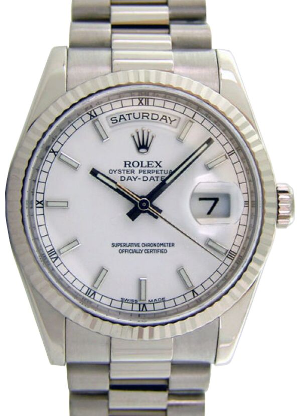 Rolex Day-Date 36 118239-WHTSFP White Index Fluted White Gold President - BRAND NEW