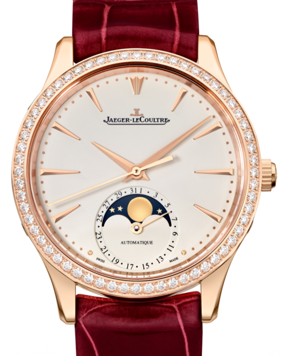Jaeger-LeCoultre Calibre 925/1 Master Ultra Thin Moon 1252501 Eggshell Beige Index Diamond Bezel Rose Gold Red Leather 34mm Automatic BRAND NEW