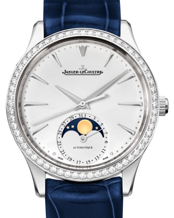 Jaeger-LeCoultre Calibre 925/1 Master Ultra Thin Moon 1258401 Silver Index Diamond Bezel Stainless Steel Leather 34mm Automatic BRAND NEW