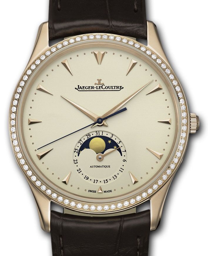 Jaeger-LeCoultre Calibre 925/1 Master Ultra Thin Moon 1362501 Eggshell Beige Index Diamond Bezel Rose Gold Leather 39mm Automatic BRAND NEW