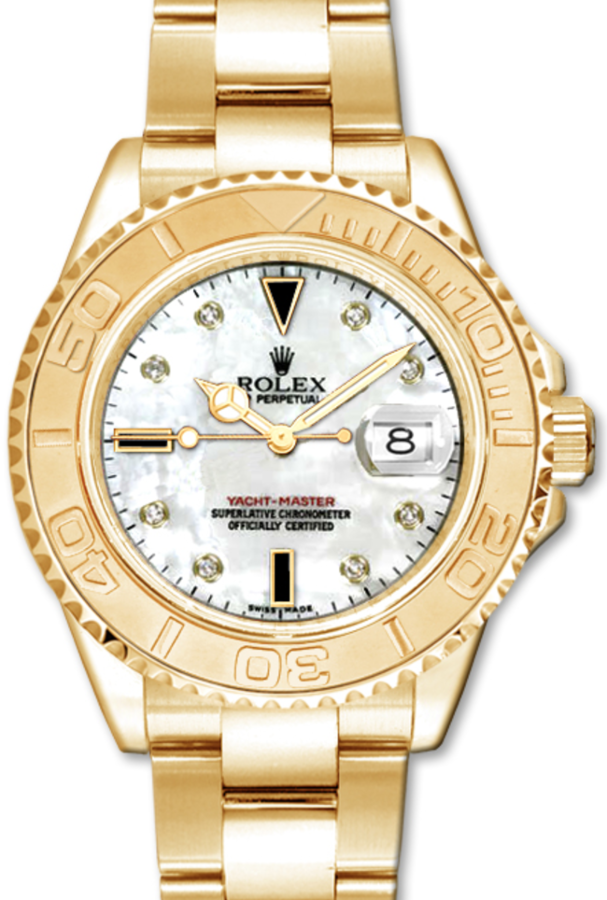 Rolex Yacht-Master 35 168628 White Mother of Pearl Diamond Dial Yellow Gold Bezel Yellow Gold Oyster - BRAND NEW