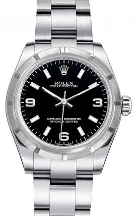Rolex Oyster Perpetual 31 Ladies Midsize Stainless Steel Black Arabic / Index Dial Engine-Turned Bezel & Oyster Bracelet 177210 - BRAND NEW