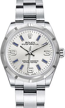Rolex Oyster Perpetual 31 Ladies Midsize Stainless Steel Silver Arabic / Blue Index Dial Engine-Turned Bezel & Oyster Bracelet 177210 - BRAND NEW