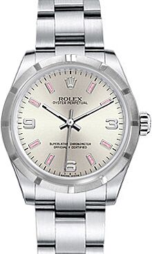 Rolex Oyster Perpetual 31 Ladies Midsize Stainless Steel Silver Arabic / Pink Index Dial Engine-Turned Bezel & Oyster Bracelet 177210 - BRAND NEW