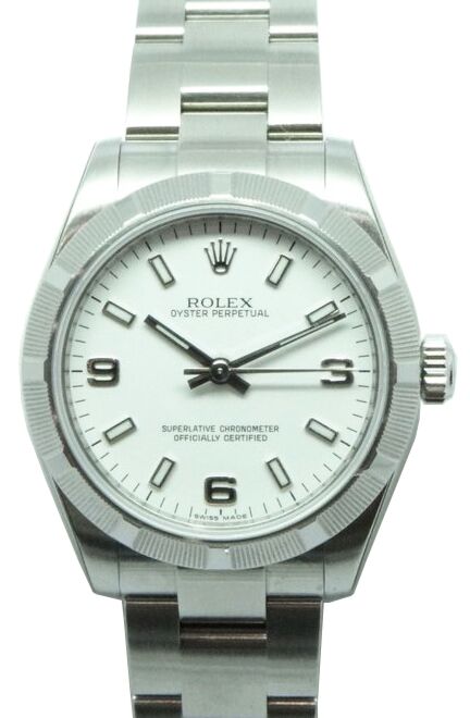 Rolex Oyster Perpetual 31 Ladies Midsize Stainless Steel White Arabic / Index Dial Engine-Turned Bezel & Oyster Bracelet 177210 - BRAND NEW
