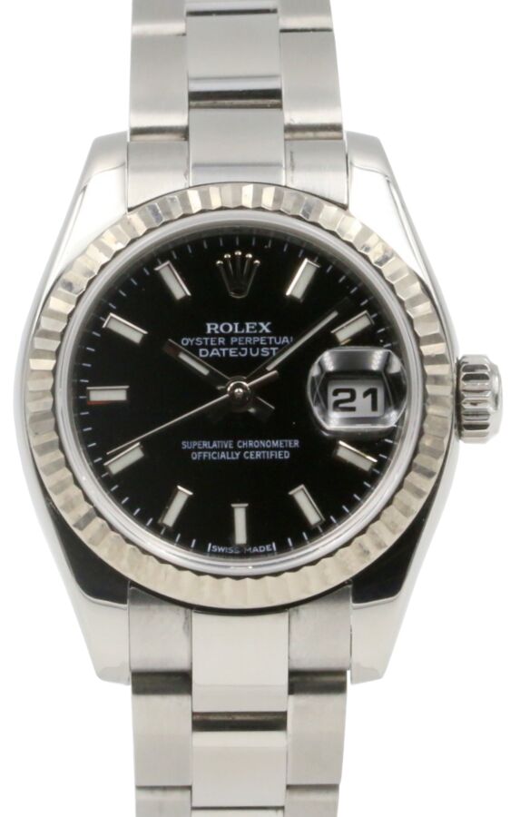 Rolex Datejust 179174 26mm Ladies Small Black Index Oyster Stainless Steel Fluted 18k White Gold