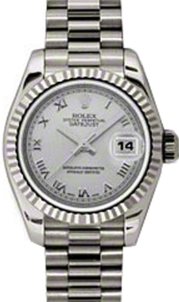 Rolex Lady-Datejust 26 179179-SLVRP Silver Roman Fluted White Gold President - BRAND NEW