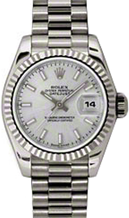 Rolex Lady-Datejust 26 179179-SLVSP Silver Index Fluted White Gold President - BRAND NEW