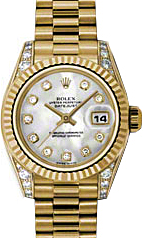 Rolex Lady-Datejust 26 179238-MOPDP White Mother of Pearl Diamond Dial Diamond Set Fluted Yellow Gold President - BRAND NEW
