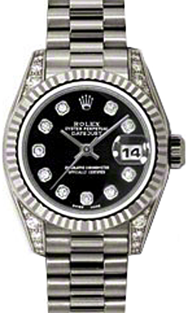 Rolex Lady-Datejust 26 179239-BLKDP Black Diamond Dial Diamond Set Fluted White Gold President - BRAND NEW