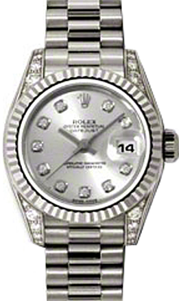 Rolex Lady-Datejust 26 179239-SLVDP Silver Diamond Dial Diamond Set Fluted White Gold President - BRAND NEW