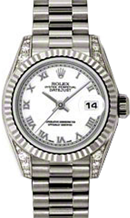 Rolex Lady-Datejust 26 179239-WHTRP White Roman Diamond Set Fluted White Gold President - BRAND NEW