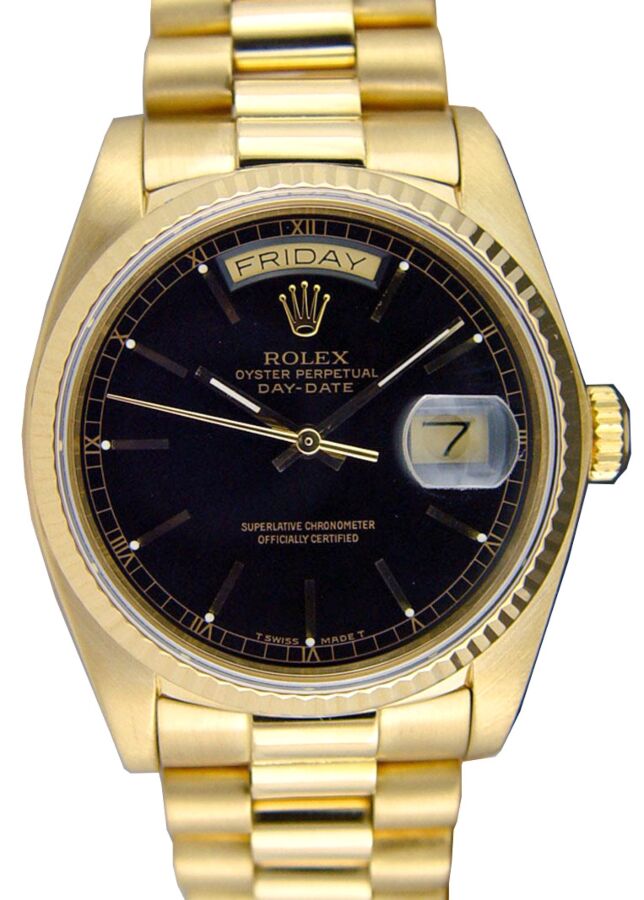 Rolex Day-Date President 18038 Men's 36mm Black Index Fluted 18k Yellow Gold President