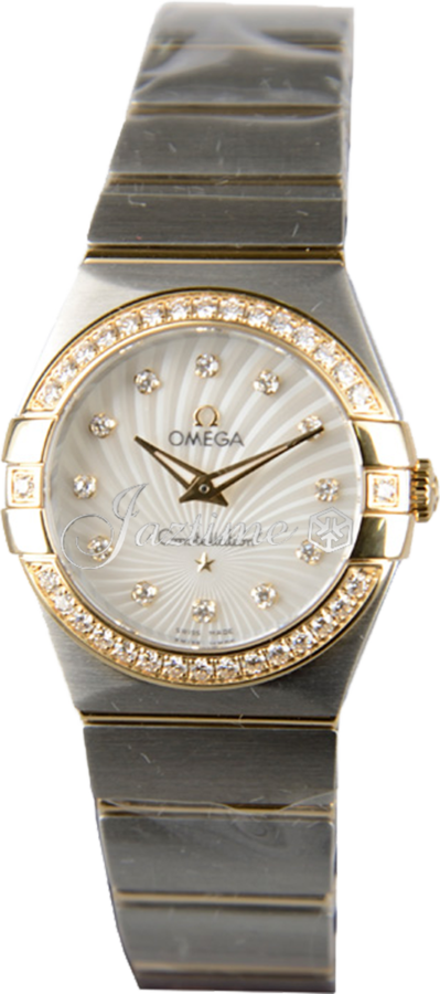 Omega Constellation Quartz 123.25.27.60.55.004 27mm White Mother of Pearl Guilloche Diamond Yellow Gold Stainless Steel BRAND NEW
