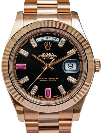 Rolex Day Date II 218235 BLKDFP 41mm Black Baquette Diamonds Ruby Fluted Rose Gold President BRAND NEW