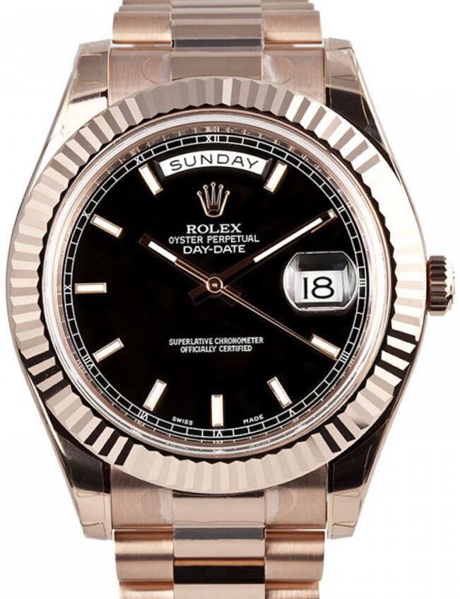 Rolex Day-Date II Rose Gold 41mm Black Index Fluted President Bracelet 218235