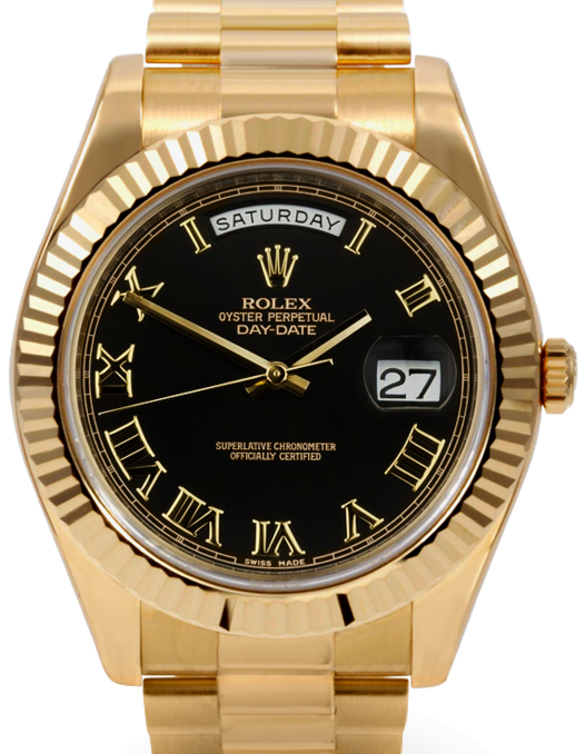 Rolex Day-Date II Yellow Gold 41mm Black Roman Fluted President Bracelet 218238 