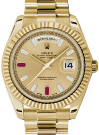 Rolex Day-Date II Yellow Gold 41mm Champagne Baquette Diamonds Ruby Fluted President Bracelet 218238 