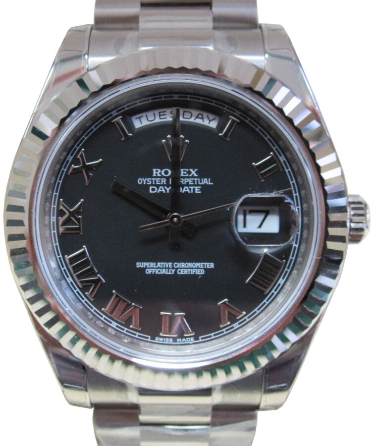 Rolex Day-Date II White Gold 41mm Black Roman Fluted President 218239 - PRE-OWNED