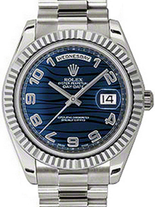 Rolex Day-Date II 41mm Blue Arabic Wave Dial Fluted White Gold President 218239