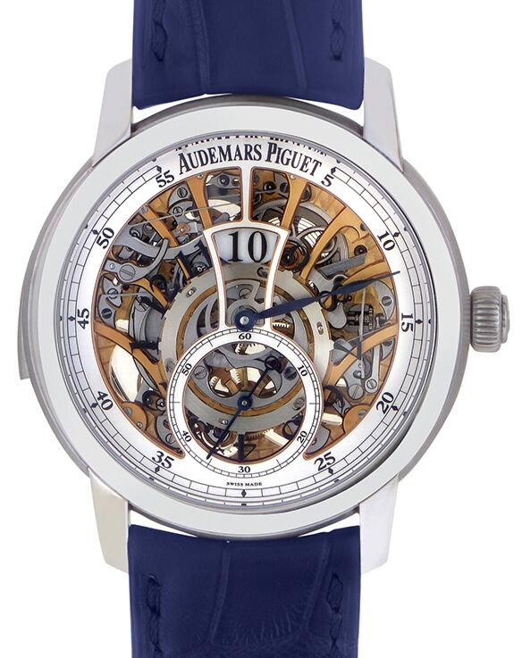 Audemars Piguet 26356PT.OO.D028CR.01 Jules Audemars Openworked Minute Repeater With Jumping Hours And Small Seconds 43mm Silver Openworked Arabic Platinum Leather BRAND NEW