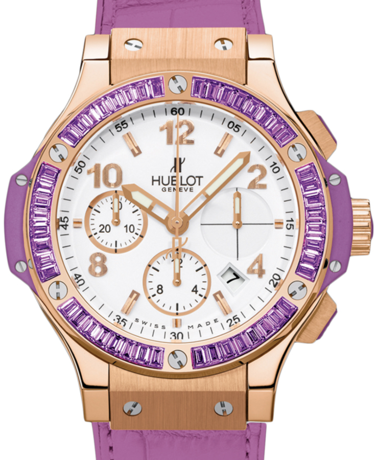 Hublot Tutti Frutti 341.PV.2010.LR.1905 White Arabic Baguette Amethysts Bezel Rose Gold &amp; Purple Leather 41mm BRAND NEW