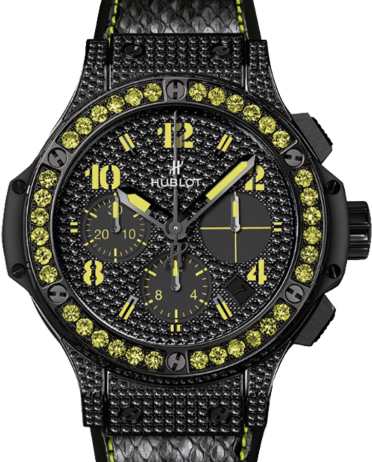 Hublot Big Bang Black Fluo 341.SV.9090.PR.0911 Black Diamond Paved Dial &amp; Case Yellow Sapphire Bezel &amp; PVD Stainless Steel Leather 41mm BRAND NEW