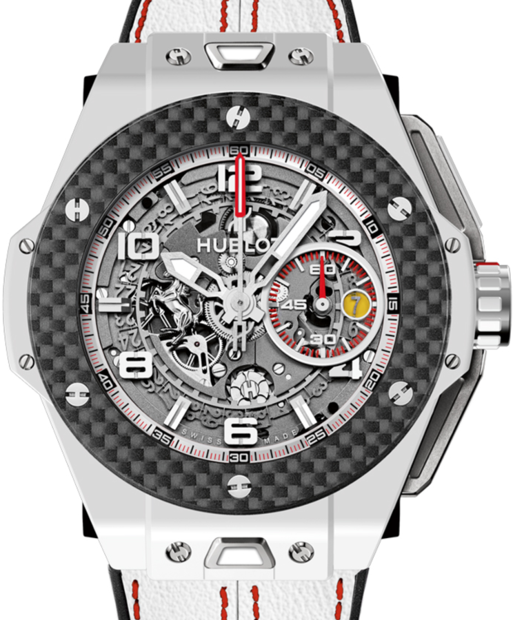Hublot Big Bang Unico Ferrari 401.HQ.0121.VR Skeleton Arabic Carbon Fiber Bezel &amp; White Ceramic Case Leather 45mm BRAND NEW