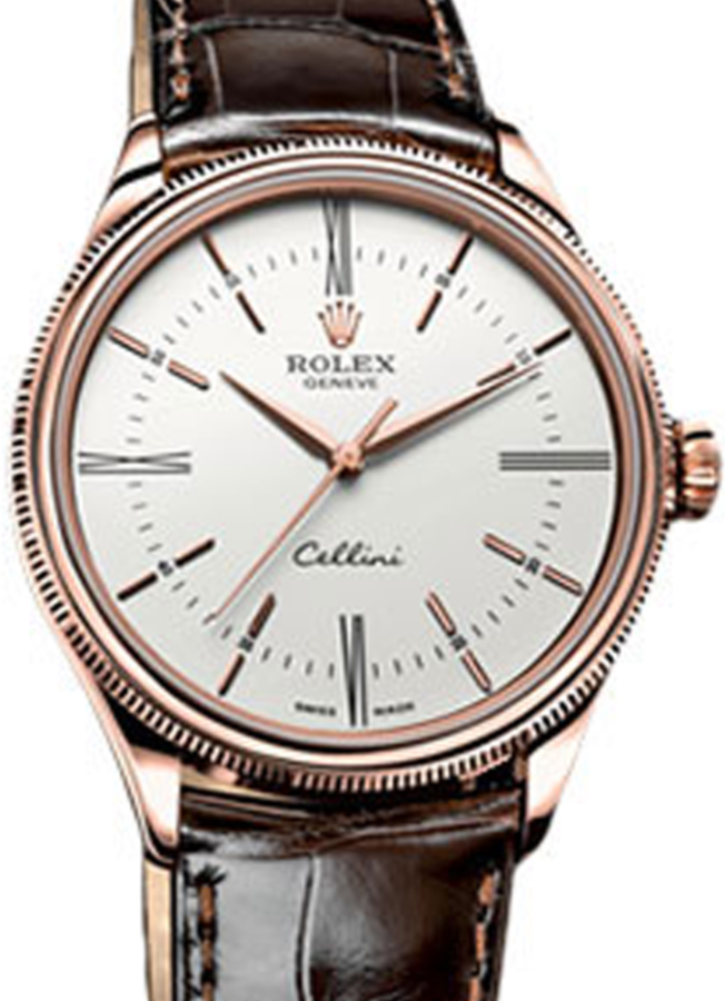 Rolex Cellini Time 50505-WHT White Index / Roman Rose Gold Brown Leather BRAND NEW