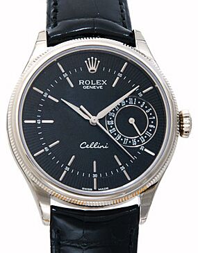 Rolex Cellini Date 50519-BLK Black Guilloche Index White Gold Black Leather Manual - BRAND NEW