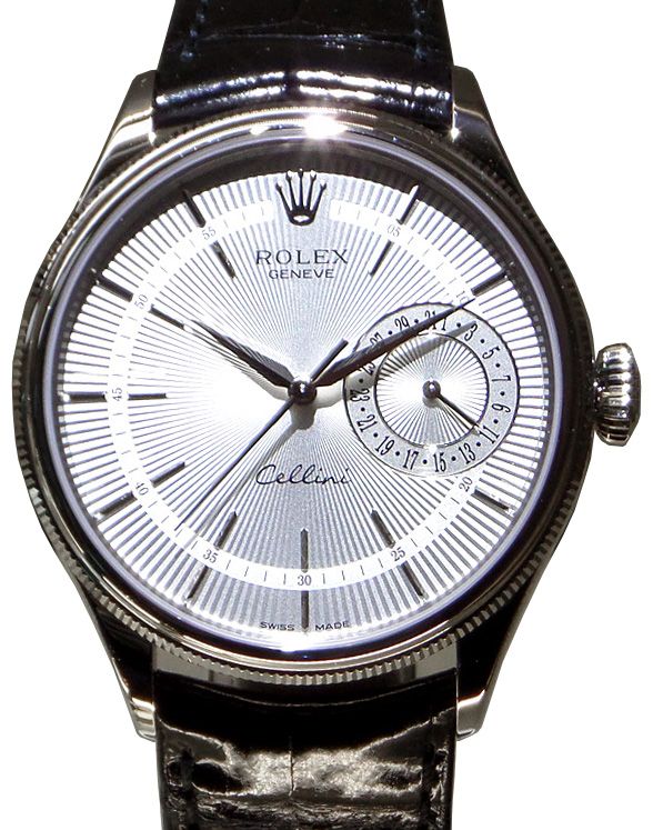 Rolex Cellini Date White Gold Silver Guilloche Index Dial Domed Fluted Double Bezel Tobacco Leather Bracelet 50519 BRAND NEW