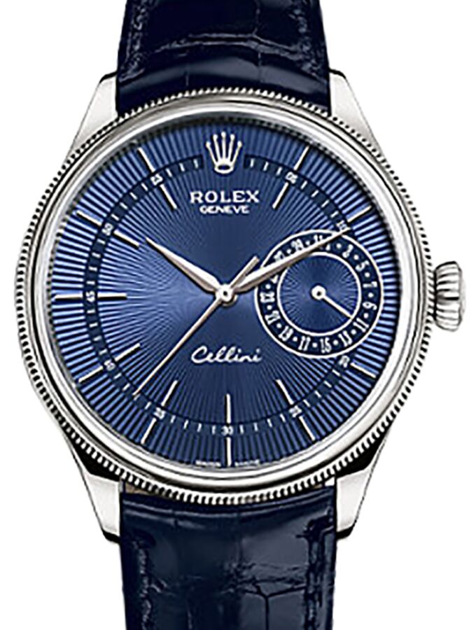 Rolex Cellini Time 50519 39mm Blue Guilloche Index White Gold Leather BRAND NEW