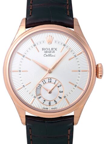Rolex Cellini Dual Time 50525-SLV Silver Guilloche Index Rose Gold Brown Leather Manual BRAND NEW