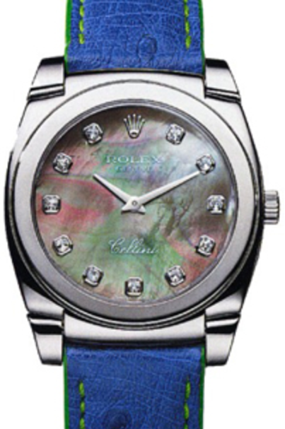 Rolex Cellini Cestello Ladies 5320-9 Dark Mother of Pearl Diamond White Gold Blue Leather Quartz BRAND NEW