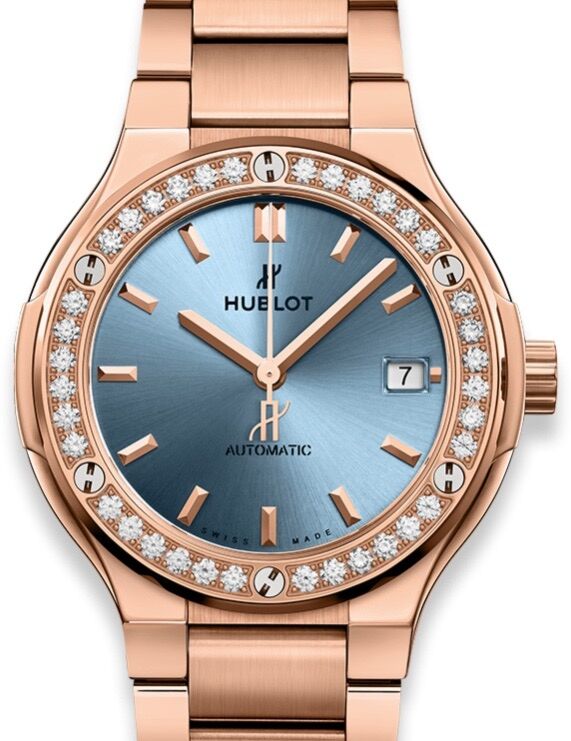 Hublot Classic Fusion King Gold Light Blue Bracelet 568.OX.891L.OX.1204 Blue Index Diamond Bezel King Gold 38mm - BRAND NEW