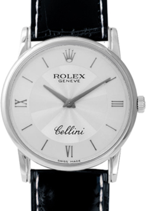 Rolex Cellini Quartz Ladies 6111-9 Silver Roman / Index White Gold Black Leather BRAND NEW