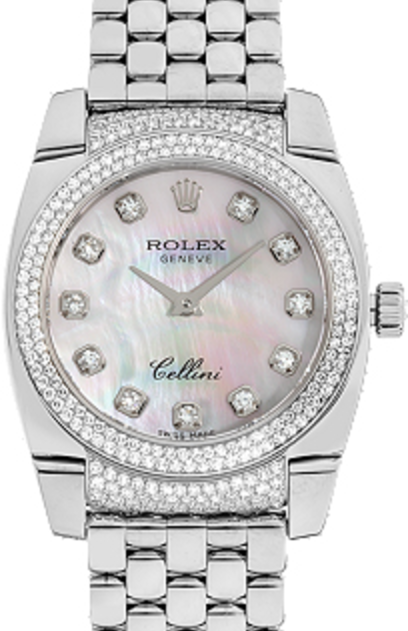 Rolex Cellini Cestello Ladies 6311-9 White Mother of Pearl Diamond Set White Gold Damier Quartz BRAND NEW