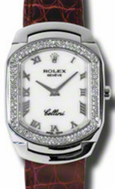 Rolex Cellini Cellissima Ladies 6691-9-LEATHER White Roman Diamond Bezel White Gold Brown Leather Quartz BRAND NEW